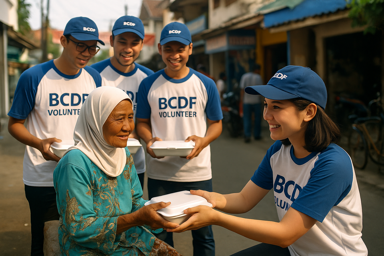 Relawan BCDF membagikan bantuan di lapangan